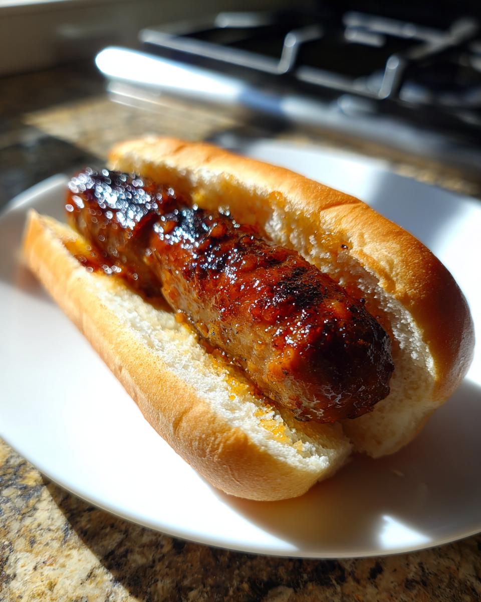 A perfectly cooked, glazed hot dog nestled in a soft bun, ready after Preparing Hot Dogs Using An Air Fryer.