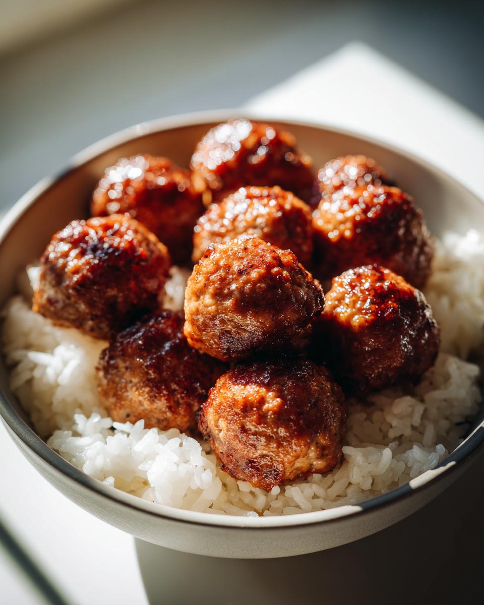 Close-up of glazed meatballs served over fluffy white rice in a small bowl, perfect for a Meatballs And Rice Bowl.