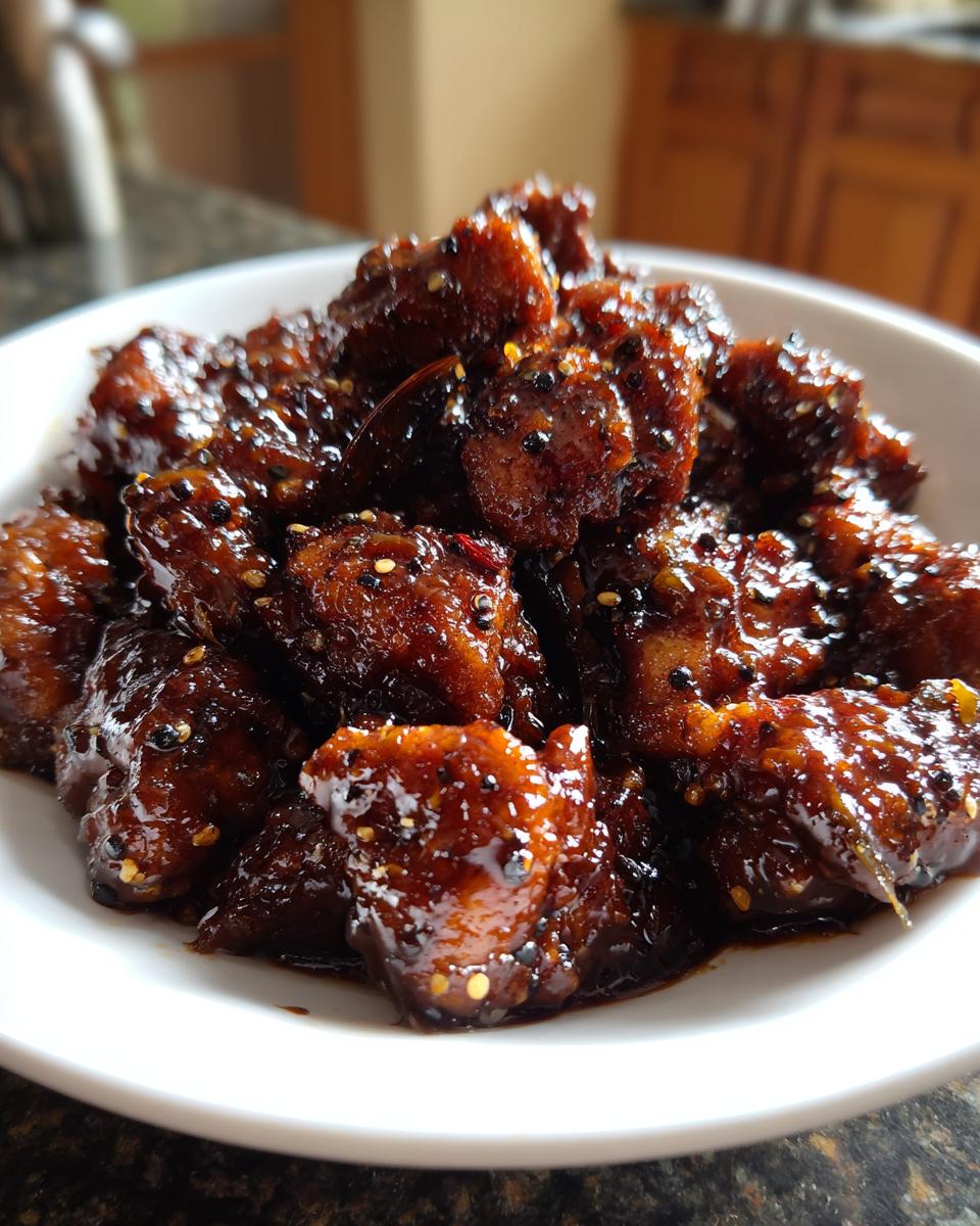 Close-up of glossy, dark glazed pieces of Black Pepper Chicken sprinkled with sesame seeds in a white bowl.
