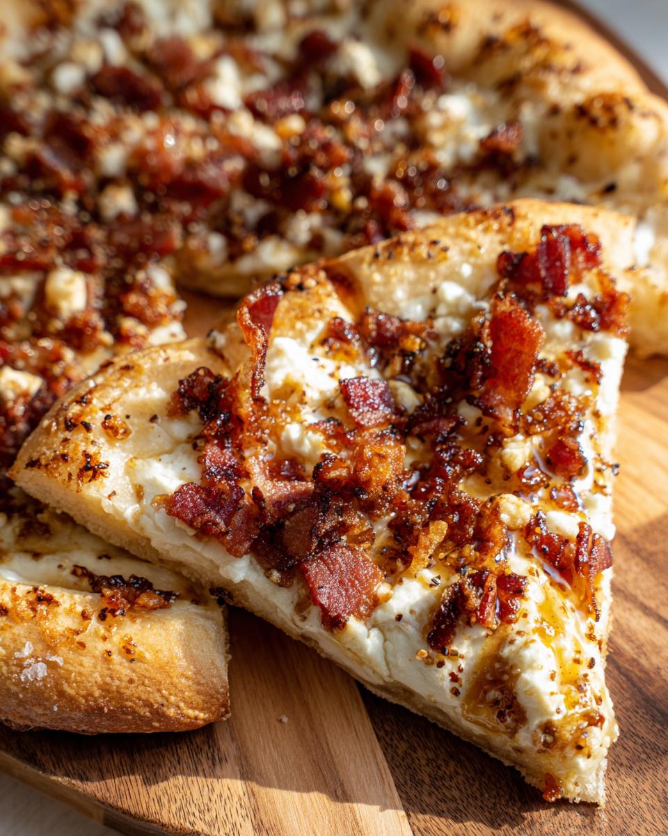 Close-up of a slice of Gluten Free Hot Honey Bacon Pizza topped with white cheese, crispy bacon, and drizzled with hot honey.