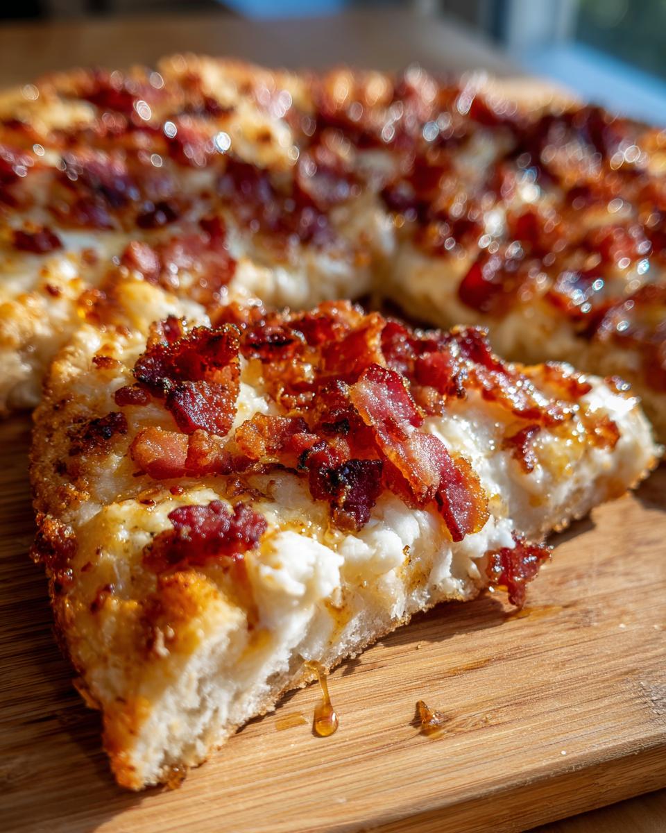 Close-up of a slice of Gluten Free Hot Honey Bacon Pizza showing crispy bacon and dripping honey.