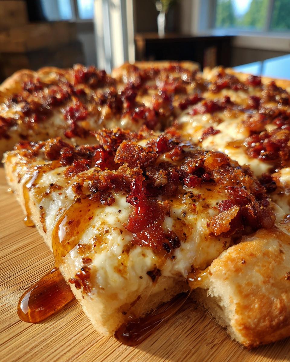 Close-up of a thick slice of Gluten Free Hot Honey Bacon Pizza dripping with honey on a wooden board.