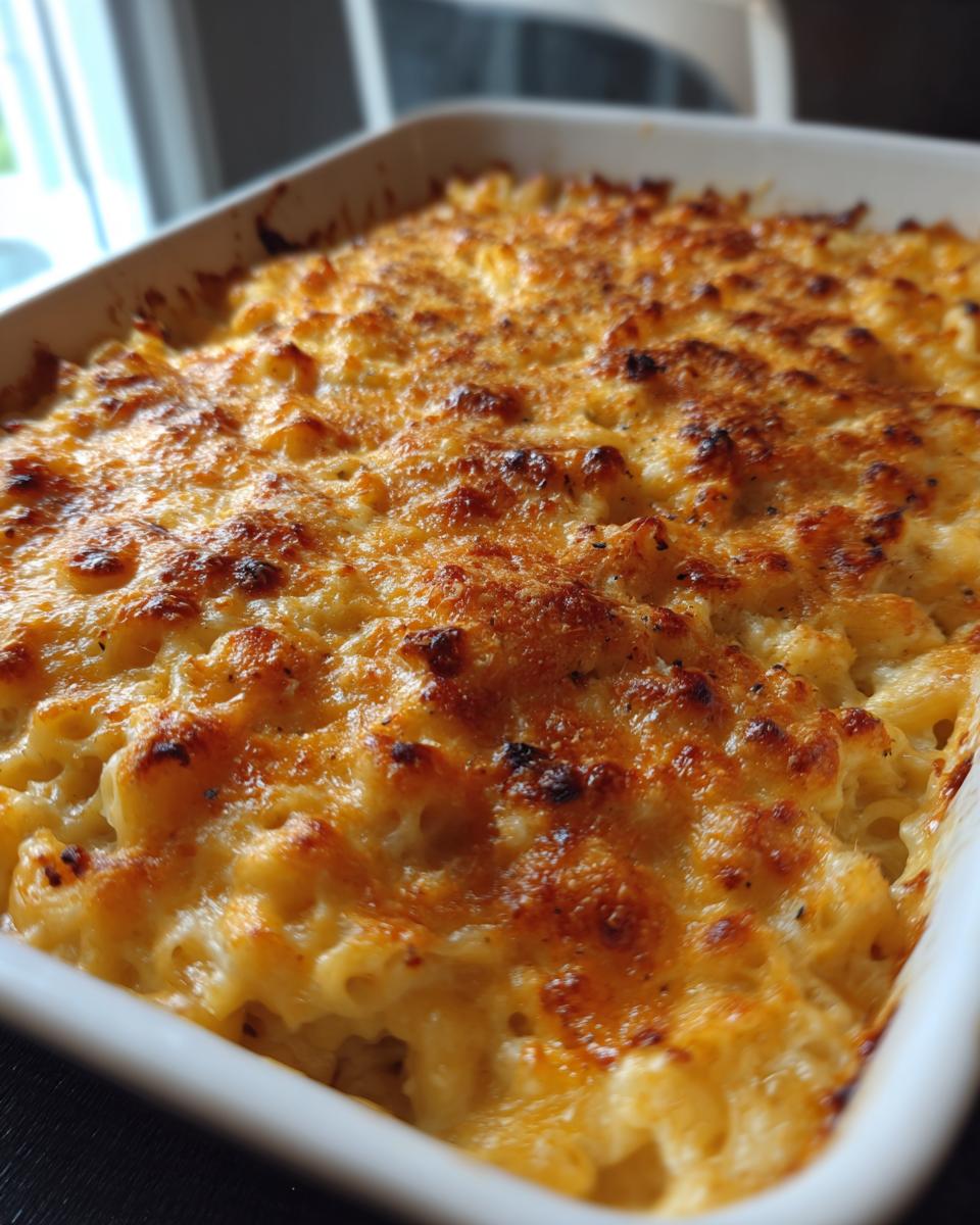 Close-up of a bubbly, golden-brown, baked crust on a dish of Healthy Baked Mac And Cheese.