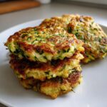 A stack of three golden brown, pan-fried Zucchini Fritters with visible shreds of green zucchini.
