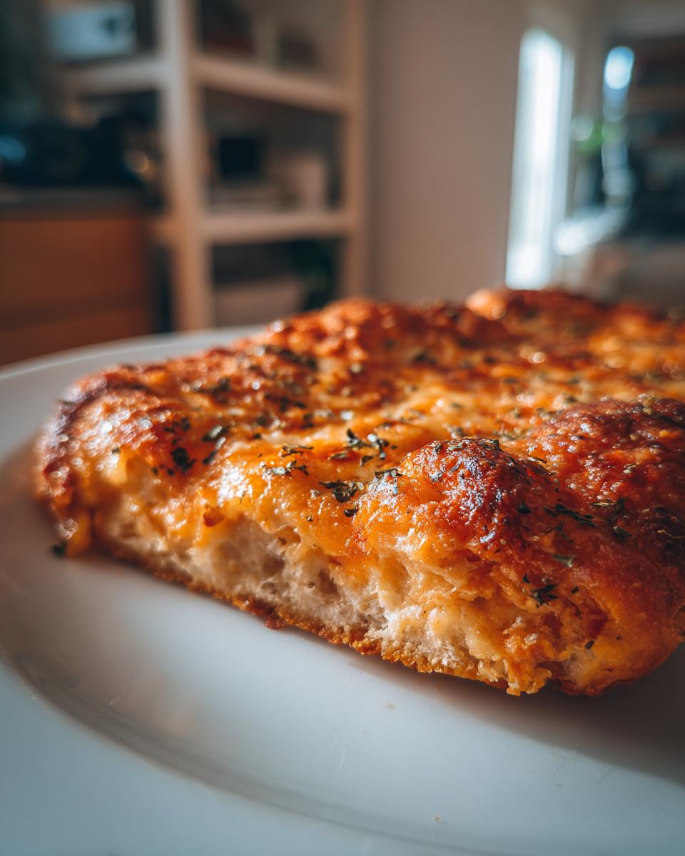 Close-up of a thick, airy crust slice of Grandmas Cheese Sheet Pan Pizza, topped with melted, browned cheese and herbs.
