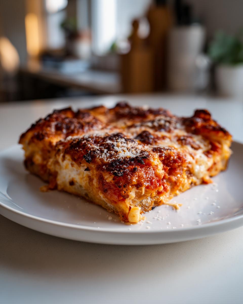 A thick, square slice of Grandmas Cheese Sheet Pan Pizza with caramelized cheese and sauce, served on a white plate.