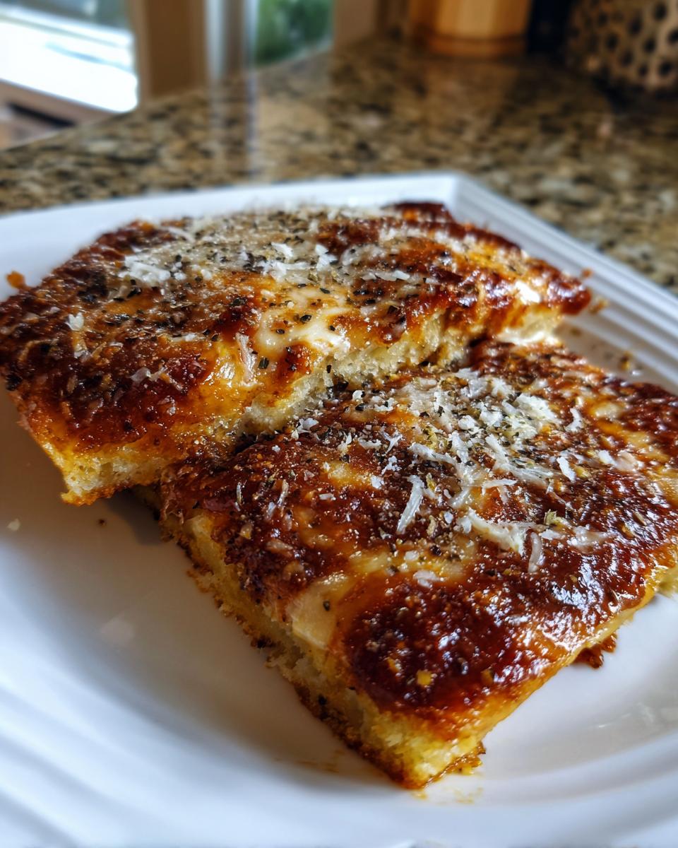 Two thick, square slices of Grandmas Cheese Sheet Pan Pizza topped with sauce, melted cheese, and herbs.