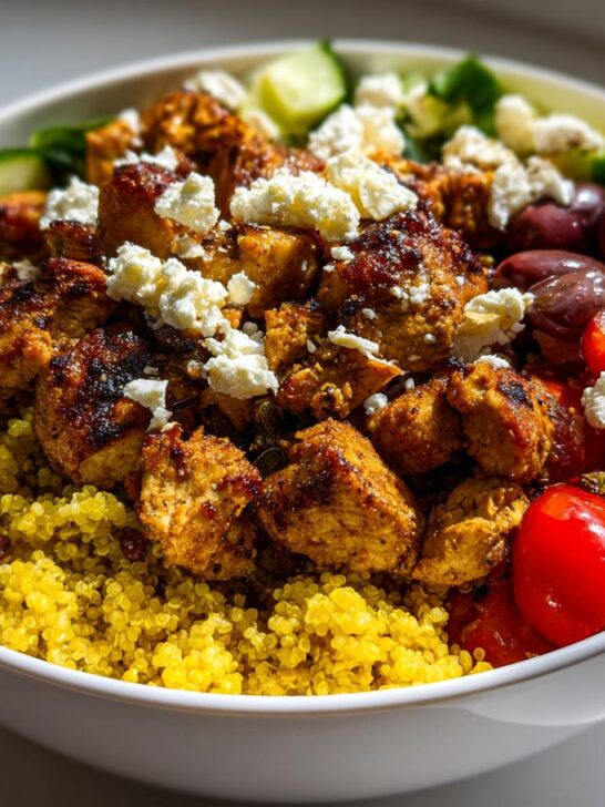 A vibrant bowl featuring seasoned Greek Chicken Bowls over yellow quinoa, topped with feta, cucumbers, tomatoes, and olives.