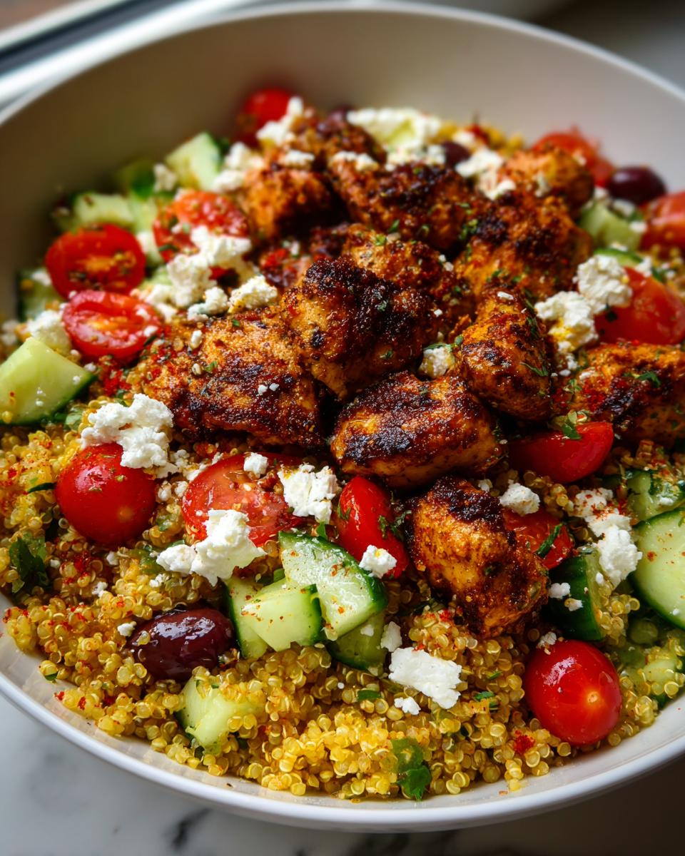 Close-up of a bowl filled with seasoned Greek Chicken Bowls, featuring spiced chicken pieces over quinoa, tomatoes, cucumber, and feta.