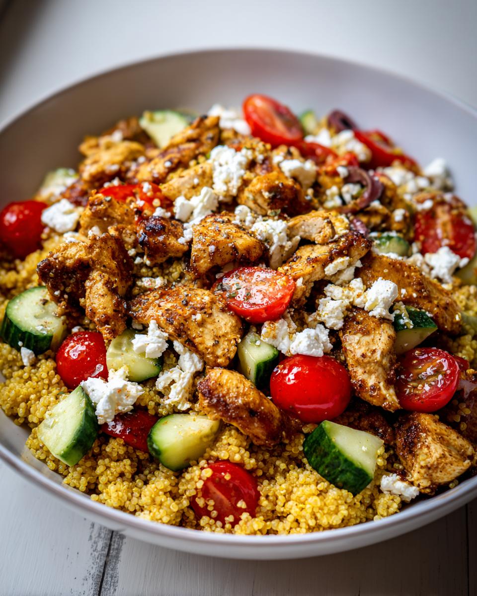Close-up of seasoned chicken pieces, cucumber, cherry tomatoes, and feta over quinoa in a Greek Chicken Bowls serving.