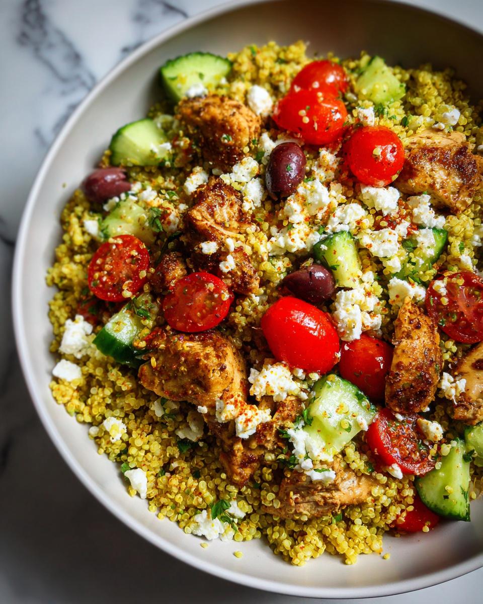 Close-up overhead view of vibrant Greek Chicken Bowls featuring seasoned chicken, quinoa, tomatoes, cucumber, and feta.