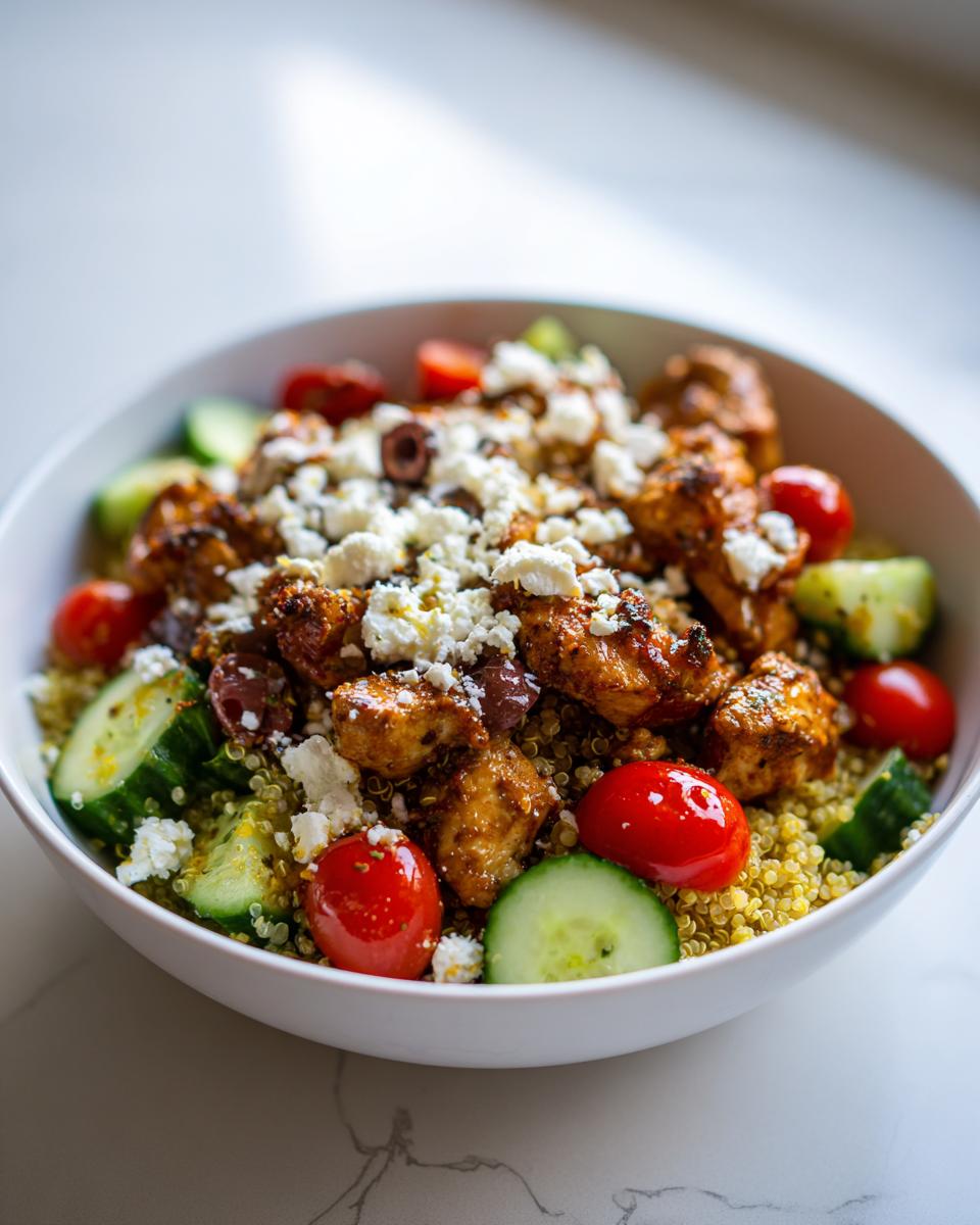 A vibrant close-up of Greek Chicken Bowls featuring seasoned chicken, quinoa, cucumber slices, cherry tomatoes, and crumbled feta cheese.