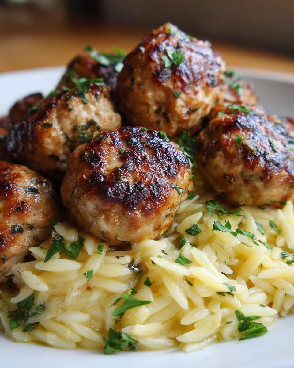 Close-up of browned Greek Chicken Meatballs served over bright, buttery Lemon Orzo pasta garnished with parsley.