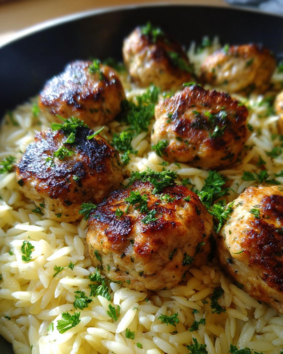 Close-up of seared Greek Chicken Meatballs served over bright lemon orzo pasta, garnished with fresh parsley.
