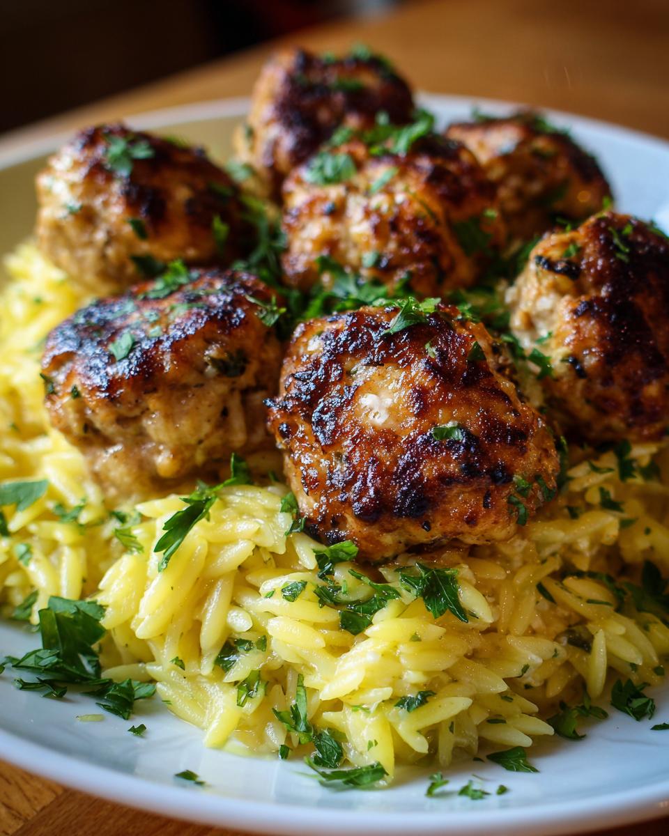 Close-up of browned Greek Chicken Meatballs served over bright yellow lemon orzo pasta, garnished with parsley.