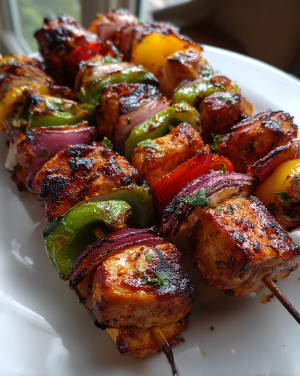 Close-up of perfectly grilled Greek Marinated Chicken Kabobs threaded with colorful bell peppers and red onion.