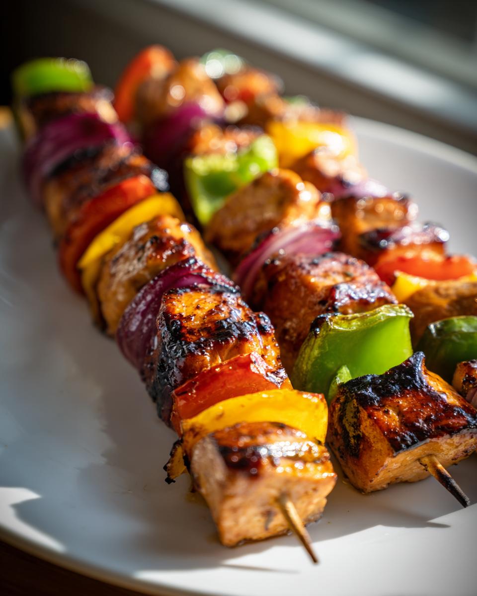Close-up of two skewers featuring grilled Greek Marinated Chicken Kabobs with colorful bell peppers and red onion.