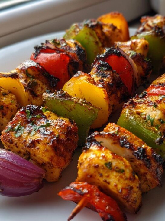 Close-up of three skewers of grilled Greek Marinated Chicken Kabobs with charred bell peppers and red onion.