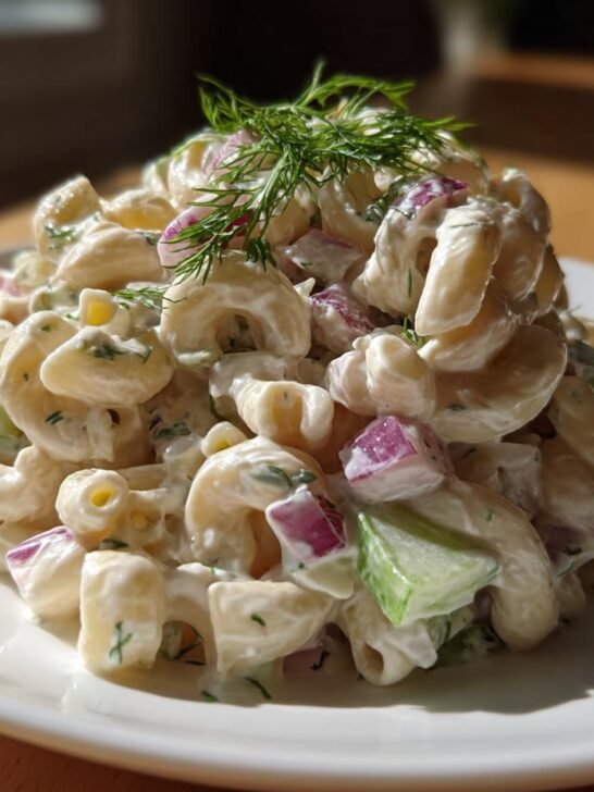 A mound of creamy Greek Yogurt Macaroni Salad featuring elbow pasta, red onion, and celery, topped with fresh dill.