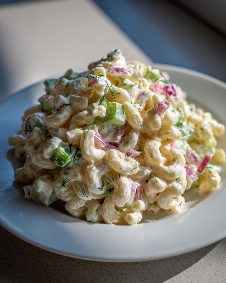 A mound of creamy Greek Yogurt Macaroni Salad with red onion and celery served on a white plate.