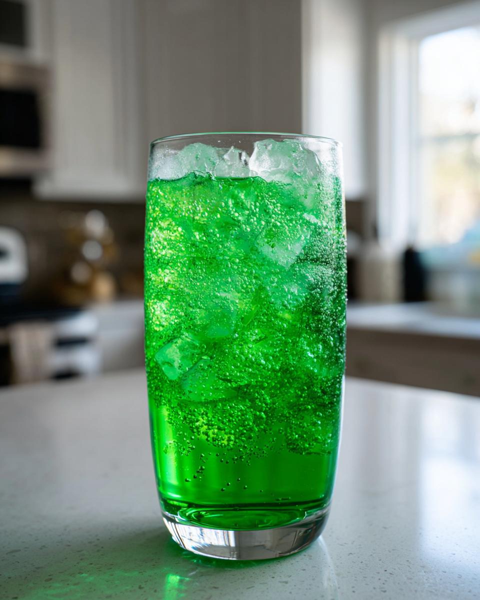 A tall glass filled with a vibrant, fizzy, bright green liquid and ice, representing a Green Goddess Mocktail.