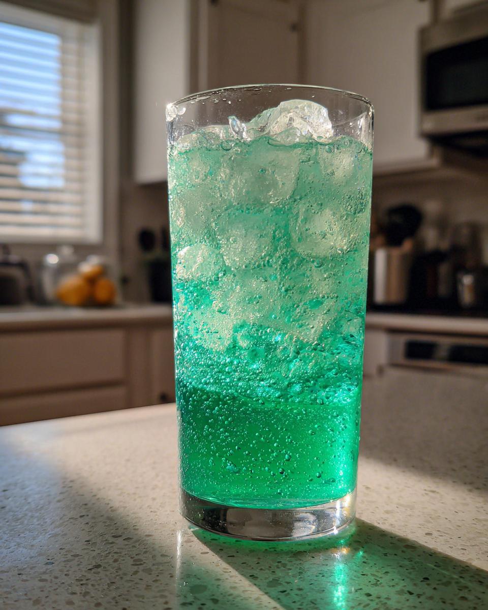 Close-up of a tall glass filled with a bright, bubbly Green Goddess Mocktail and crushed ice.