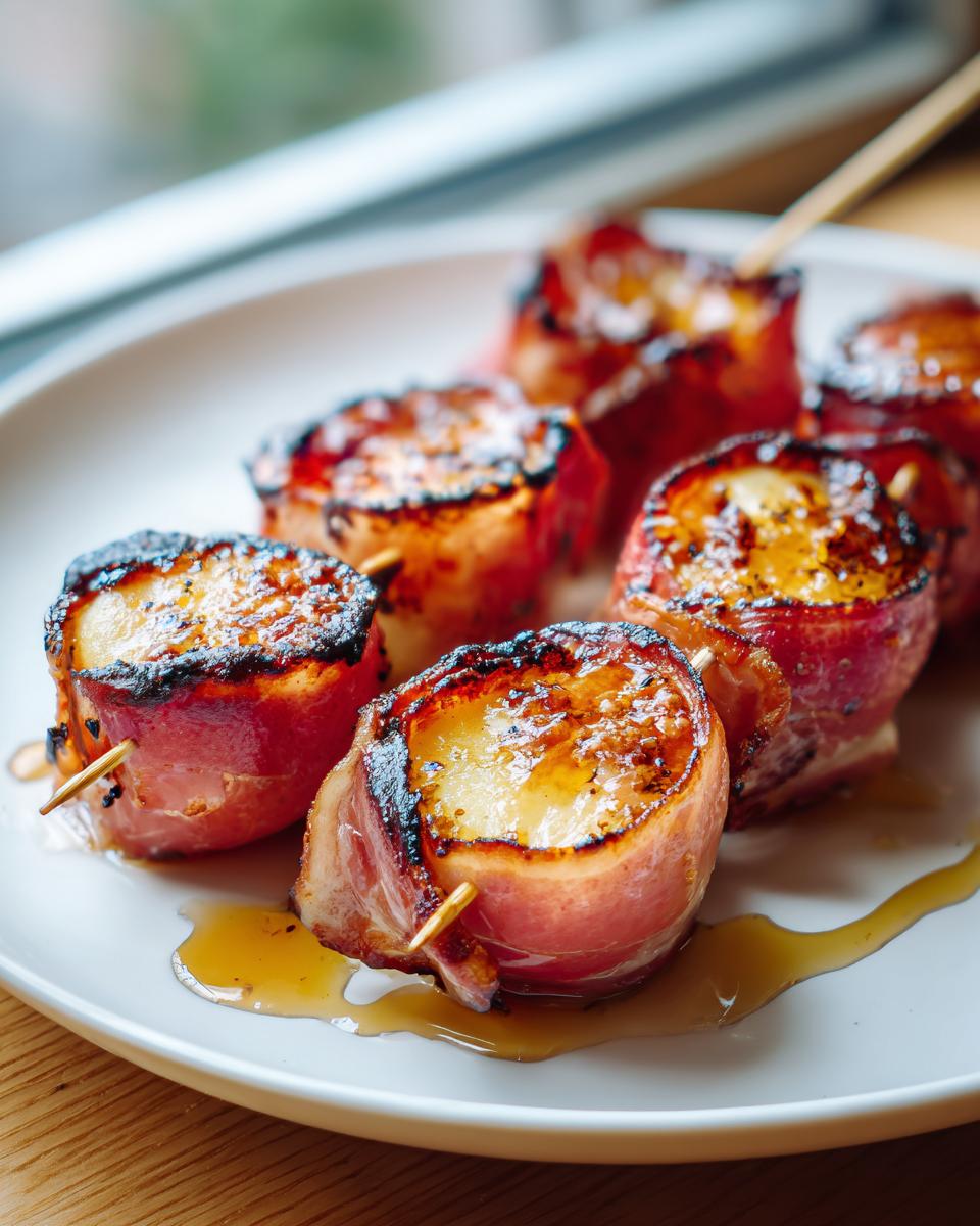 Close-up of grilled apples wrapped in prosciutto and drizzled with honey, served on a white plate.
