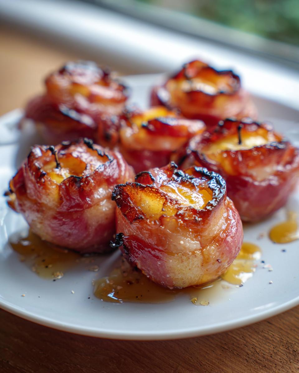 Close-up of several Grilled Apples With Prosciutto And Honey, glistening with honey glaze on a white plate.