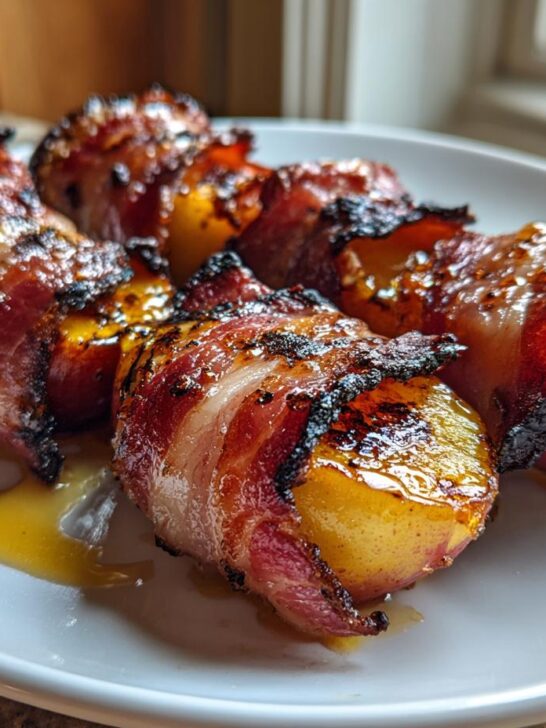 Close-up of four Grilled Apples With Prosciutto And Honey, caramelized and drizzled with honey on a white plate.