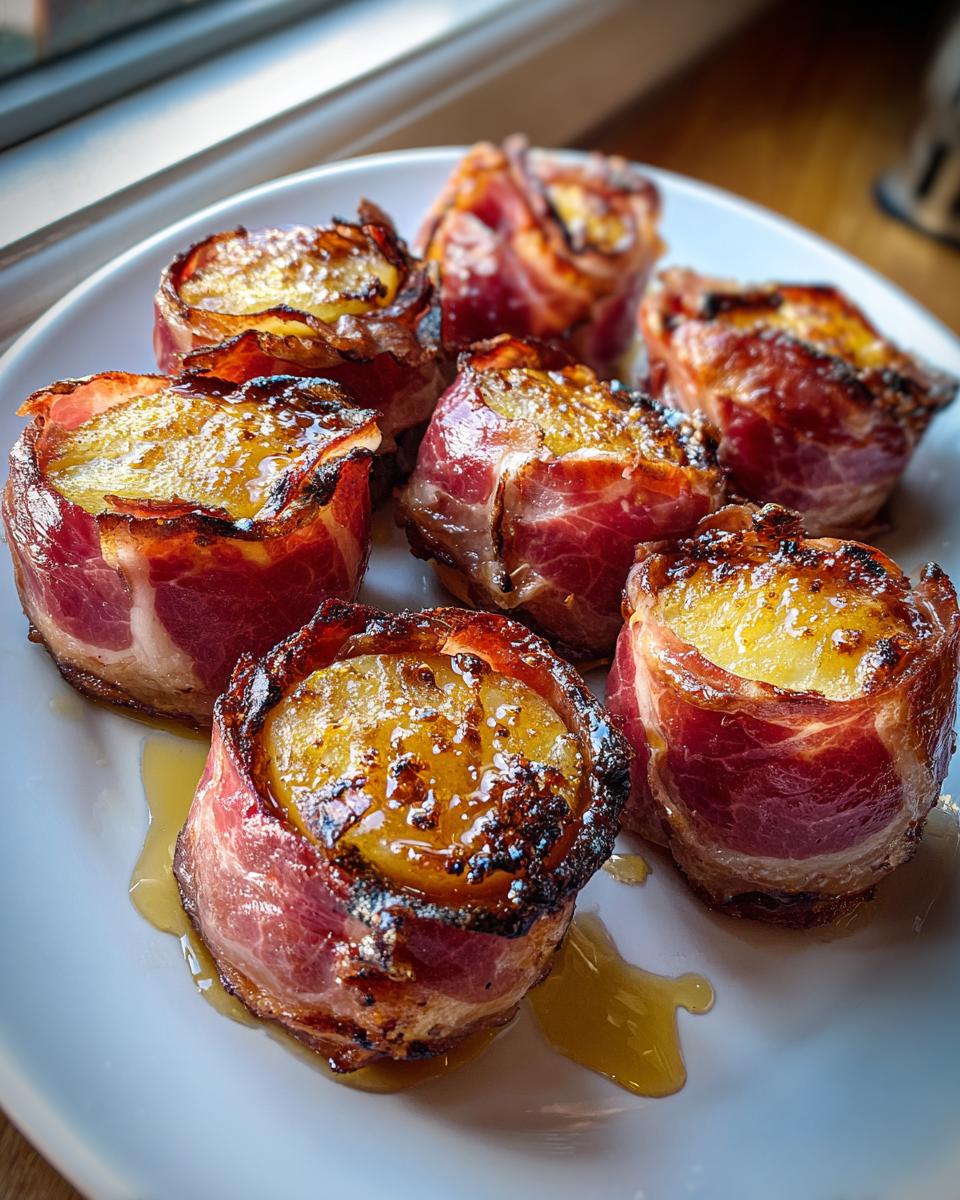 Six servings of Grilled Apples With Prosciutto And Honey arranged on a white plate, drizzled with honey.