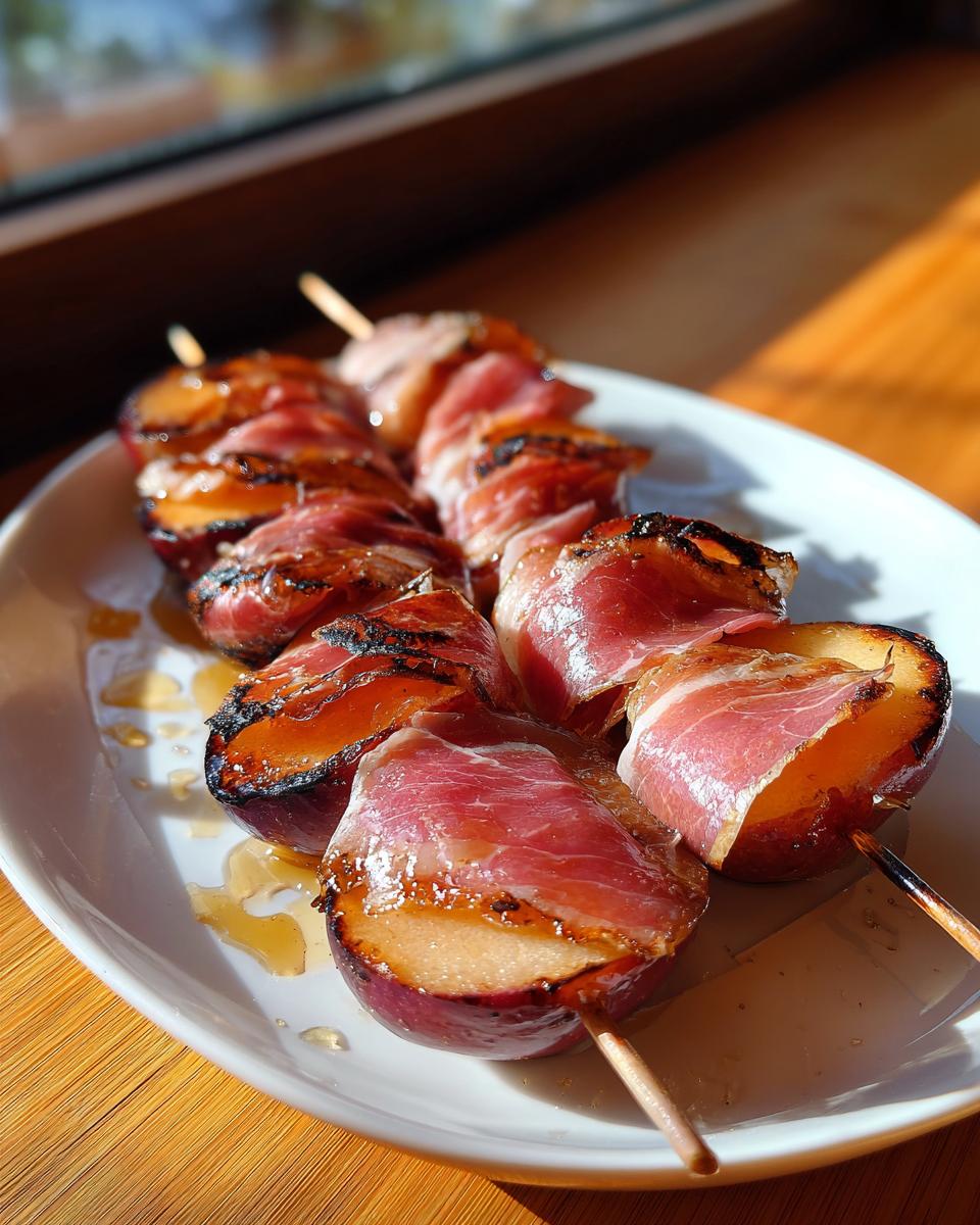 Close-up of two skewers featuring Grilled Apples With Prosciutto And Honey, drizzled with honey on a white plate.