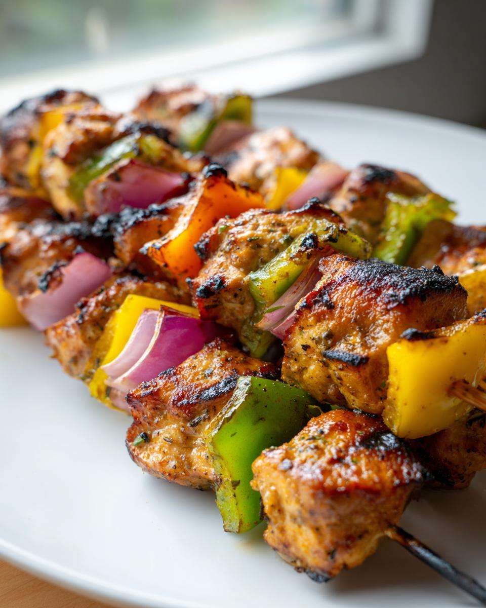 Close-up of perfectly grilled Greek Marinated Chicken Kabobs featuring charred chicken, red onion, and colorful bell peppers.
