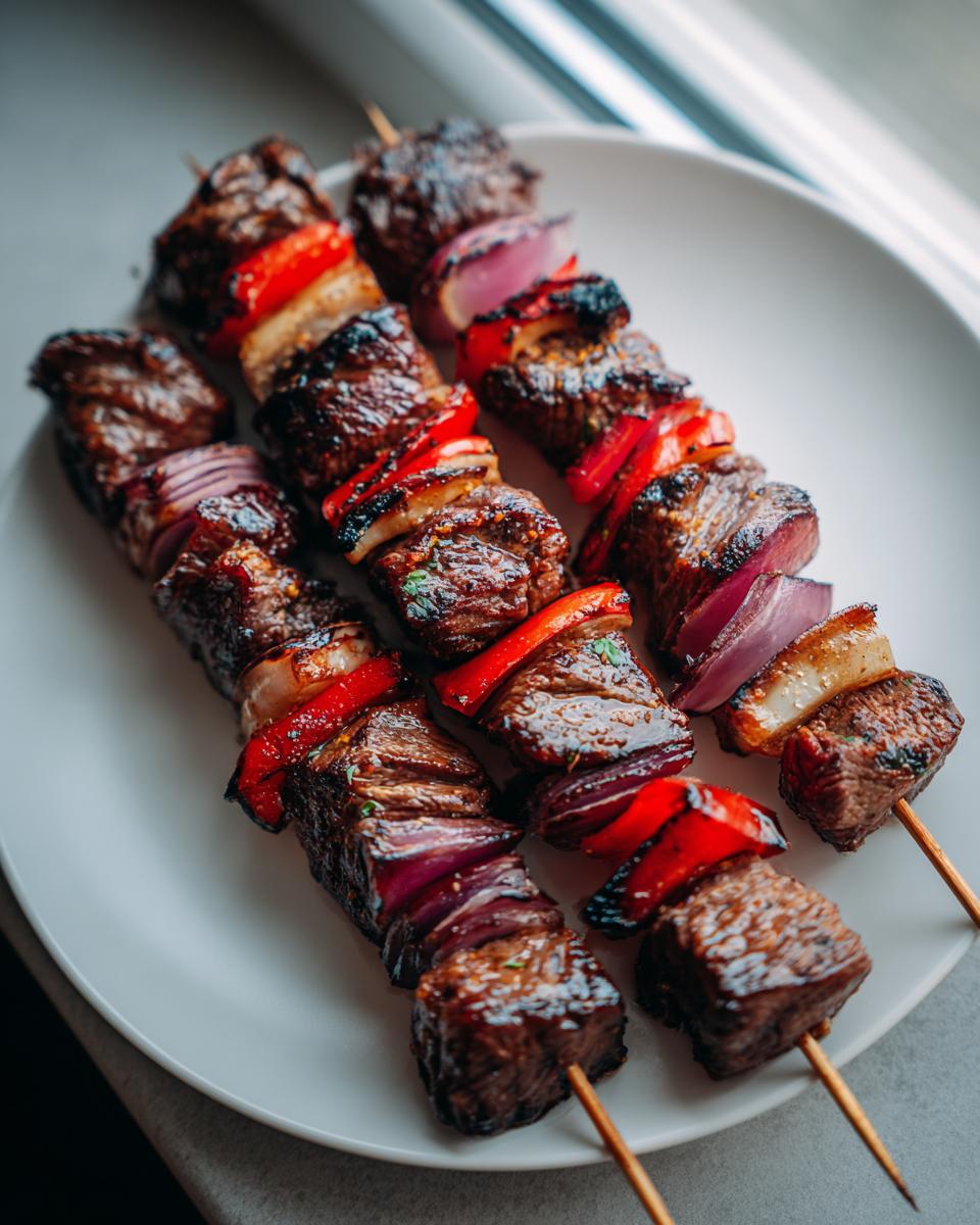 Three skewers of perfectly grilled steak kabobs featuring charred beef, red bell peppers, and purple onion pieces.