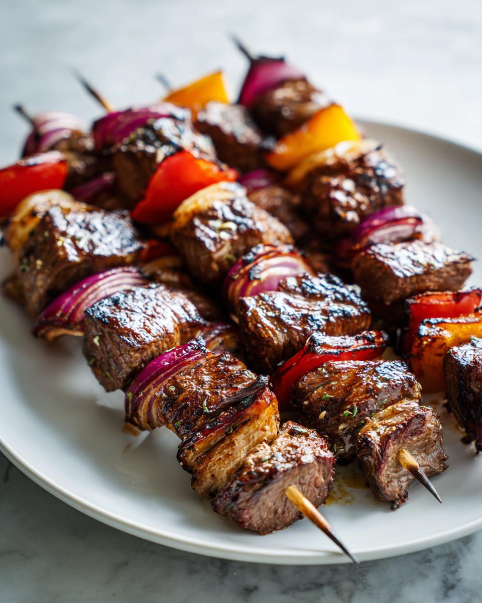 Close-up of several perfectly cooked Grilled Steak Kabobs featuring marinated beef chunks, red onion, and bell peppers on a white plate.