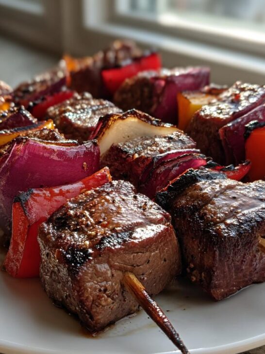 Close-up of perfectly grilled steak kabobs featuring seared beef cubes, red onion, and bell peppers on wooden skewers.