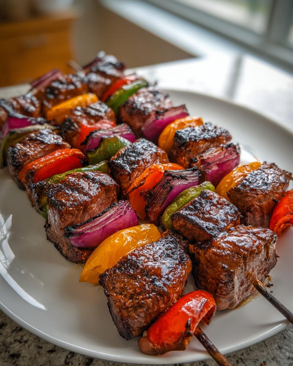 Close-up shot of several perfectly grilled steak kabobs featuring charred beef cubes, red onion, and colorful bell peppers.