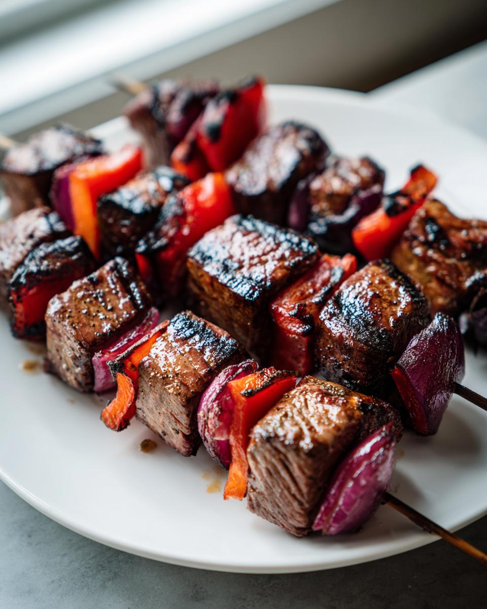 Close-up of perfectly grilled steak kabobs featuring seared beef cubes, red bell peppers, and red onions on skewers.