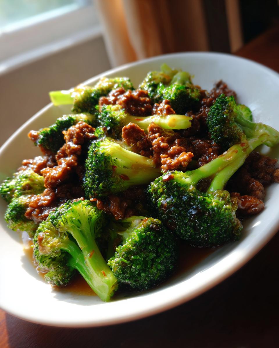 A close-up of vibrant green broccoli florets mixed with savory ground beef in a rich brown sauce, representing Ground Beef And Broccoli Stir Fry.
