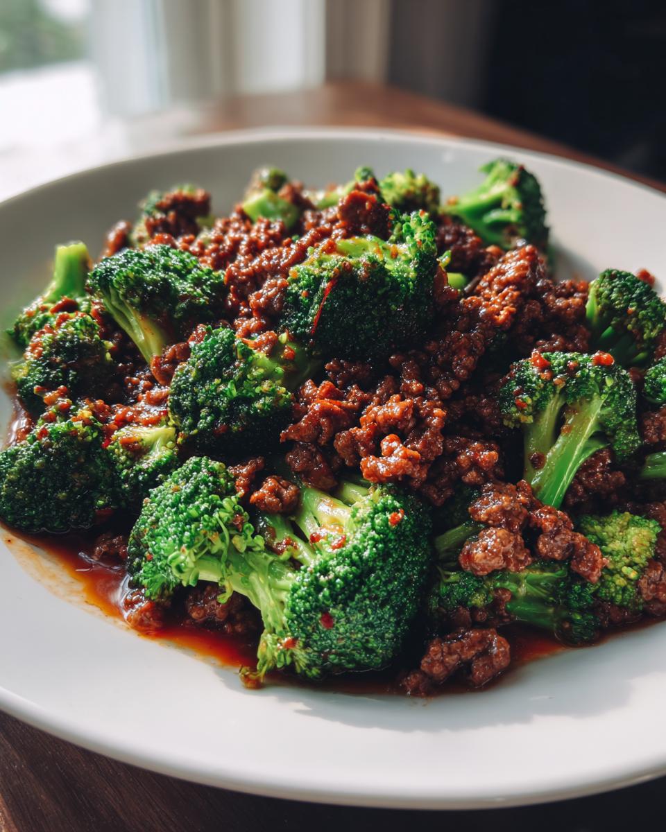 A close-up of vibrant green broccoli florets mixed with savory ground beef in a rich brown sauce, ready for serving in this Ground Beef And Broccoli Stir Fry.