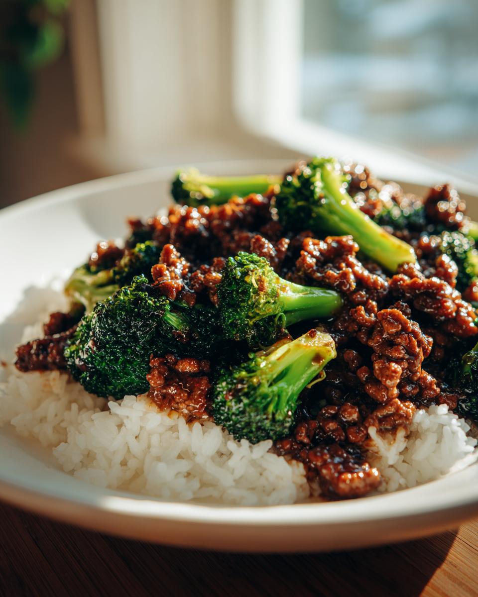 Close-up of a serving of rich, saucy Ground Beef And Broccoli Stir Fry served over white rice in a shallow bowl.