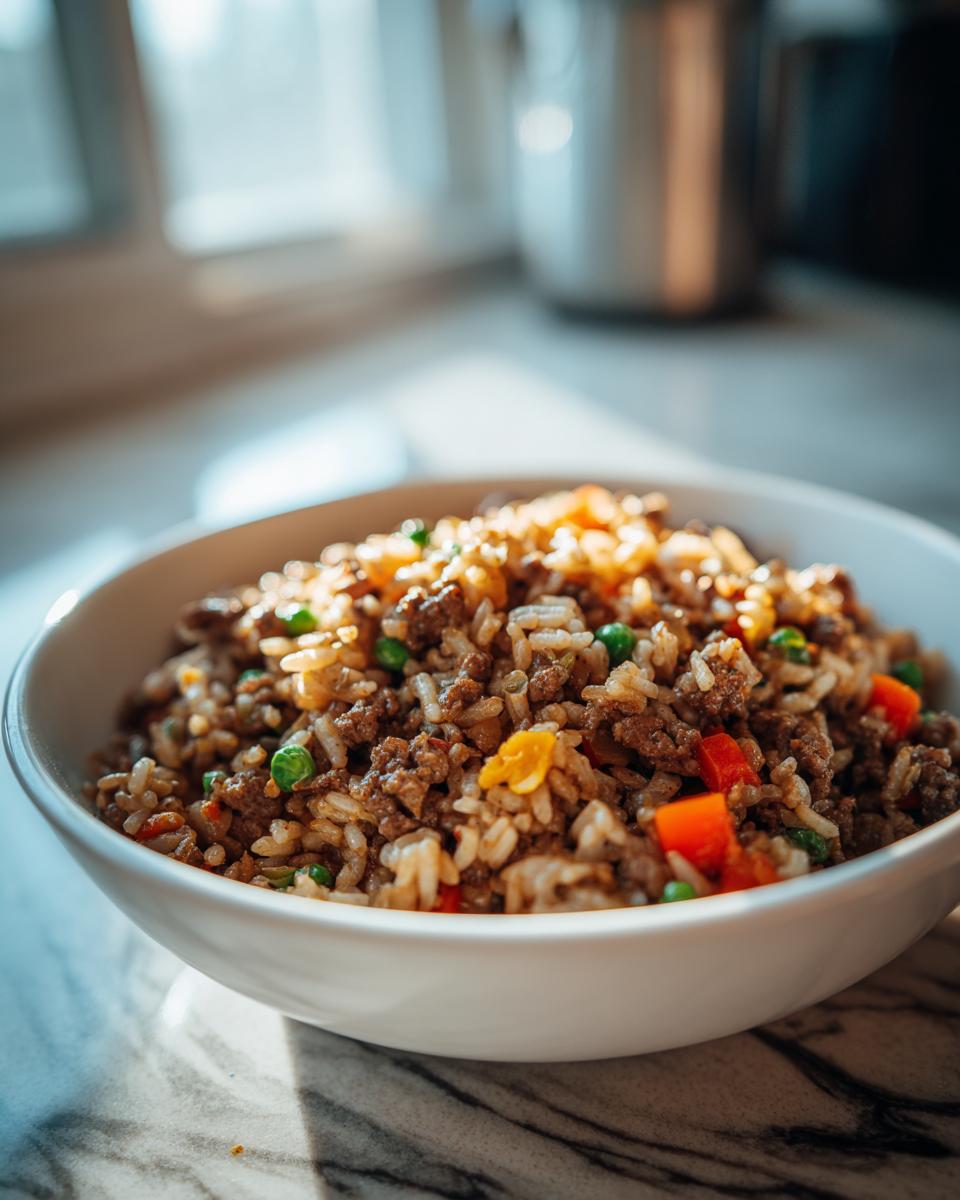 Close-up of a white bowl filled with savory Ground Beef And Rice Skillet mixed with peas and diced red peppers.