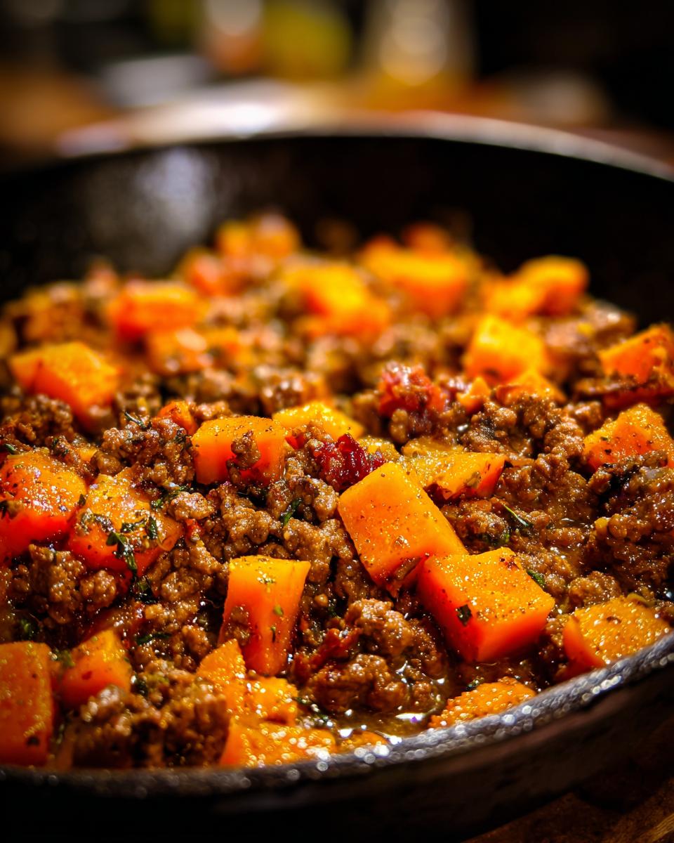 A close-up, richly colored image of Ground Beef And Sweet Potato Skillet cooking in a dark cast iron pan.