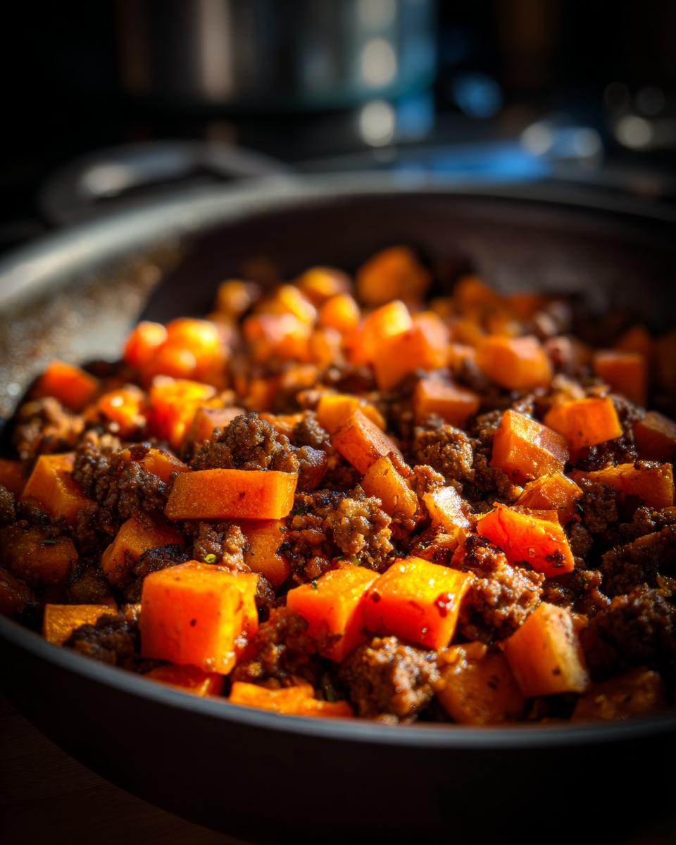 Close-up of cooked Ground Beef And Sweet Potato Skillet with bright orange cubes and seasoned ground meat in a dark pan.