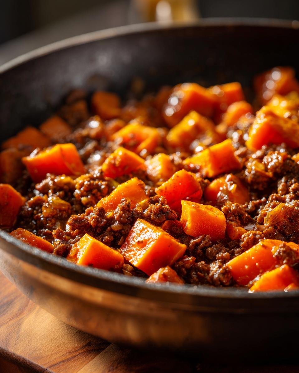 Close-up of savory ground beef mixed with bright orange, cubed sweet potato in a dark skillet.
