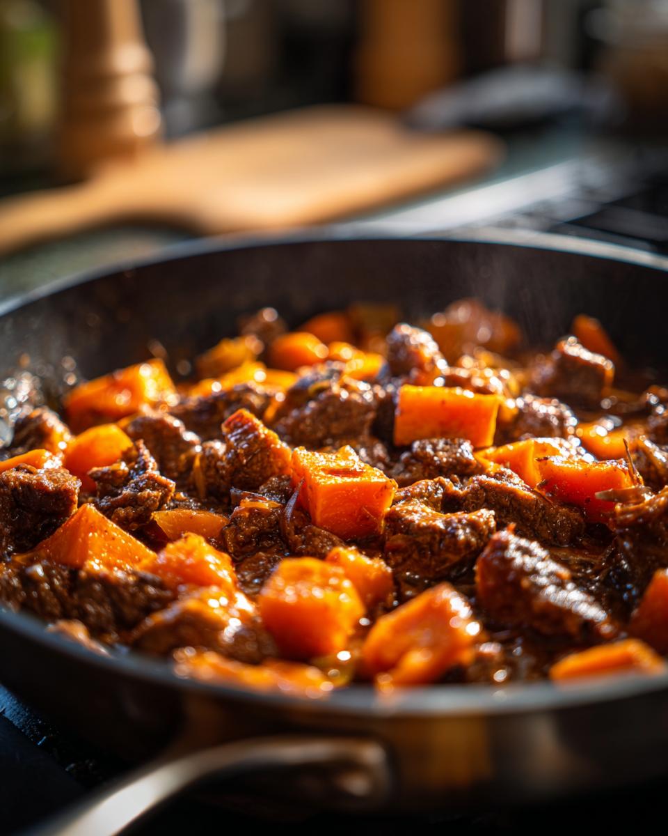 Close-up of savory Ground Beef And Sweet Potato Skillet simmering in a dark pan, showing chunks of beef and orange sweet potatoes.