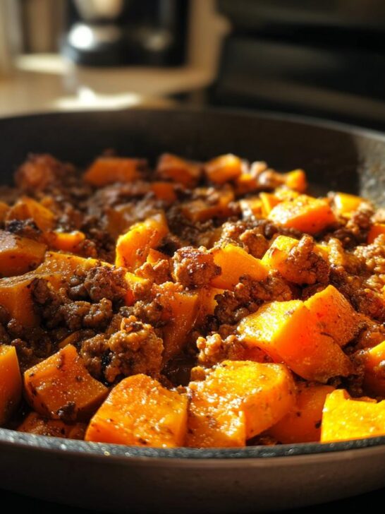 Close-up of seasoned ground beef and cubed sweet potatoes cooking together in a dark skillet.