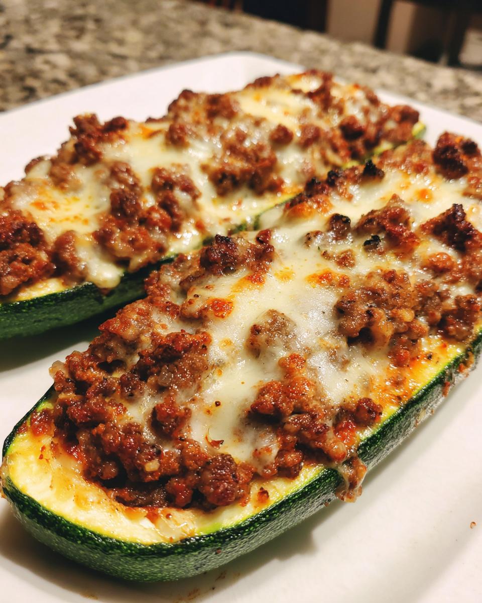 Close-up of two baked Ground Beef Zucchini Boats topped with melted, bubbly cheese.