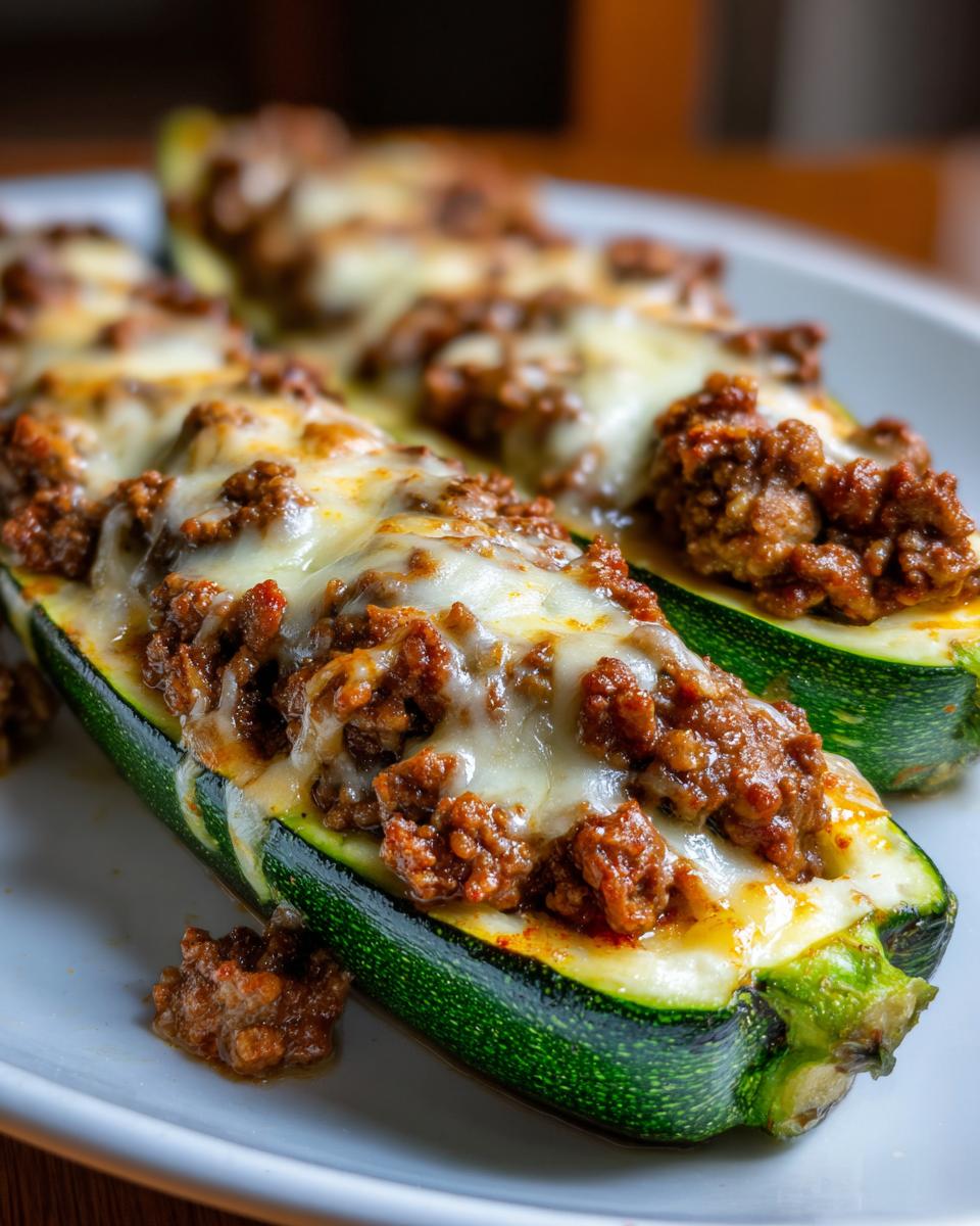Close-up of baked Ground Beef Zucchini Boats topped with melted white cheese on a white plate.