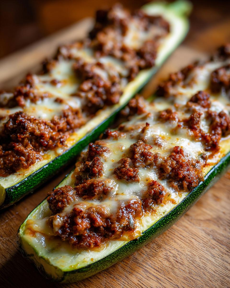 Two baked Ground Beef Zucchini Boats stuffed with savory meat mixture and melted cheese, resting on a wooden board.