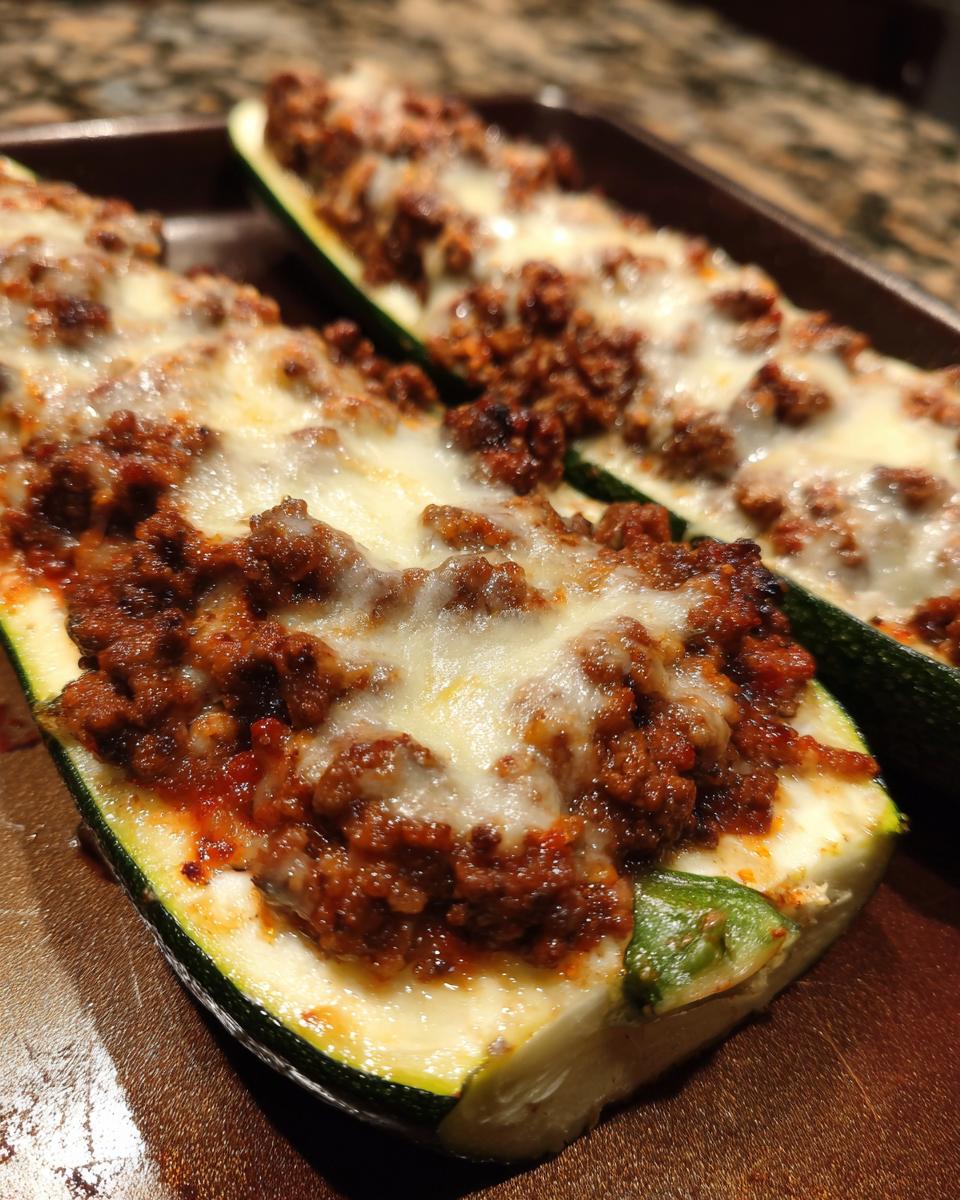 Close-up of two baked Ground Beef Zucchini Boats topped generously with melted white cheese.